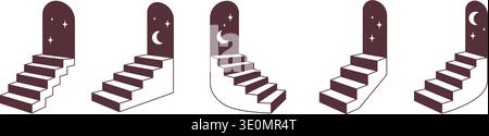 Escalier avec porte voûtée avec lune et étoiles. Conception vectorielle surréaliste mystique en isométrie minimale. Illustration de Vecteur