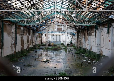 Vue intérieure large d'un grand entrepôt industriel abandonné avec un toit en verre endommagé et des flaques de pluie se reflétant sur le sol. Banque D'Images