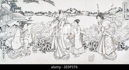 Ce dessin d'environ 1874 de Hachisuka Kuniaki II, également connu sous le nom d'Ikkei Kunimasa II, représente une scène de jardin où plusieurs personnages, probablement de l'époque d'Edo, profitent d'un paysage luxuriant de pivoines. L'imprimé bloc de bois noir et blanc capture les détails complexes des vêtements japonais traditionnels et le cadre naturel serein, caractéristique du style Ukiyo-e de offerts Banque D'Images
