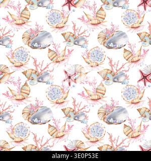 Motif aquarelle Seashells sans couture avec coraux, étoiles de mer et perles. Illustration clipart marine peinte à la main. Conception nautique SEA LIFE pour textile Banque D'Images