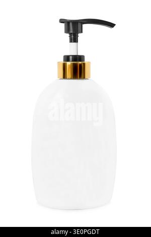 Bouteille blanche vierge de pompe de shampooing isolée sur fond blanc Banque D'Images