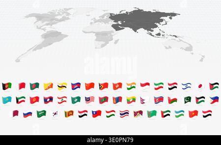 Drapeaux ondulants vibrants de tous les pays asiatiques. Illustration de Vecteur