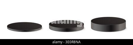 Vector set noir plinthe cylindrique podium en hauteur ascendante. présentation du produit de stand rond de maquette 3d dans un style réaliste. Socle noir Illustration de Vecteur