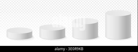 Vecteur set blanc podium cylindrique plinthe en hauteur ascendante. présentation du produit de stand rond de maquette 3d dans un style réaliste. Socle de support vide Illustration de Vecteur