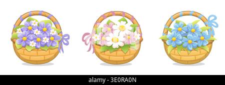 Paniers de dessin animé mignons avec des fleurs. Ensemble de trois paniers avec bleu, lilas, blanc et pinflower sur fond blanc. Illustration de Vecteur