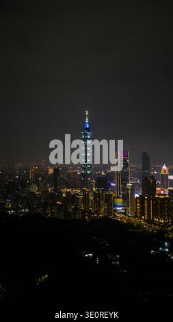 Vue aérienne de Taipei 101 perçant le ciel nocturne au milieu d'un paysage urbain tentaculaire avec des lumières et des ombres contrastées, Taipei City, Taiwan. Banque D'Images