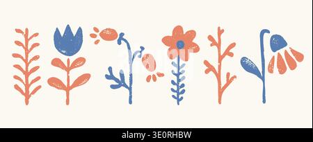 Icône de jeu de vecteur de fleurs vintage dans le style folklorique scandinave. Fleurs rustiques rétro vectorielles. Illustration de Vecteur