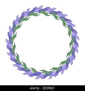 Illustration vectorielle d'une couronne florale de lavande disposée en composition ronde sur fond blanc. Design botanique élégant pour mariage, décoration et impression. Illustration de Vecteur