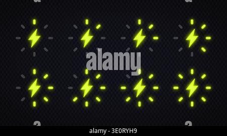 Icônes d'éclatement d'électricité au néon avec symbole d'éclair lumineux et rayons animés. Éléments d'effet d'énergie lumineux sur fond transparent. Parfait pour Illustration de Vecteur