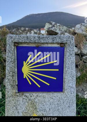 Marqueur en pierre Camino de Santiago avec symbole de coquille Saint-Jacques jaune indiquant la direction de la route de pèlerinage dans la campagne de Galice, Espagne. Itinéraire de randonnée Banque D'Images