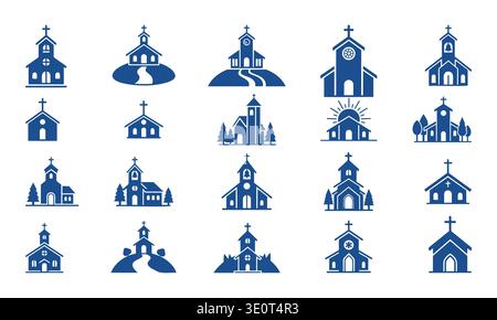 Bleu Christian Church Silhouette Vector Icon Set. Chapelles, clochers et lieux de culte Illustration de Vecteur