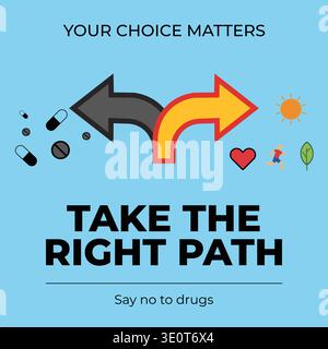 Cette affiche éducative utilise des flèches directionnelles pour visualiser le choix entre l'abus de drogues et un mode de vie sain. Il comporte un texte clair sur un b bleu Illustration de Vecteur