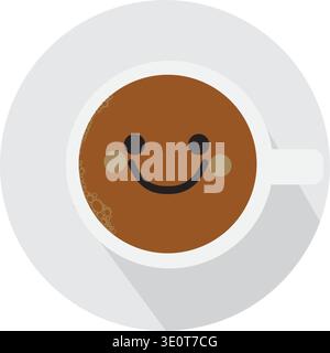 Tasse à café avec visage souriant mignon sur la surface mousseuse représentant la bonne humeur, la vivacité et l'énergie pour une journée active. Illustration de Vecteur