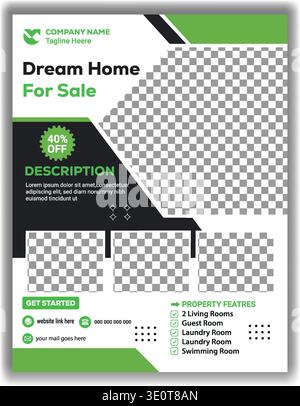 Modèle de dépliant immobilier moderne en couleurs vert et noir pour la vente et la publicité de biens immobiliers Illustration de Vecteur