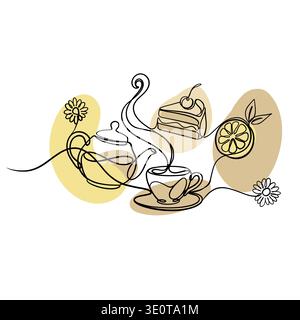 Illustration minimaliste continue d'une ligne d'une théière versant du thé dans une tasse avec des fleurs de citron, de gâteau et de camomille. Banque D'Images