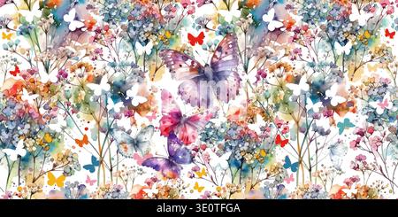 Fond sans couture de fleurs colorées avec des papillons. dessiné à la main. Pas ai, illustration vectorielle Illustration de Vecteur