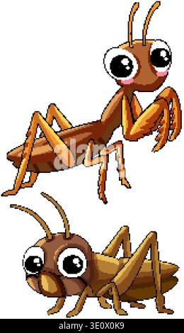 Deux insectes bruns de bande dessinée avec de grands yeux isolés sur un vecteur de fond blanc Uni Illustration de Vecteur