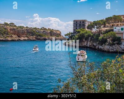 Bateaux de pêche traditionnels ancrés dans les eaux turquoises immaculées de la baie de Cala Figuera, entourés de pins méditerranéens et de falaises calcaires dans ce paysage côtier pittoresque de Majorque. Banque D'Images