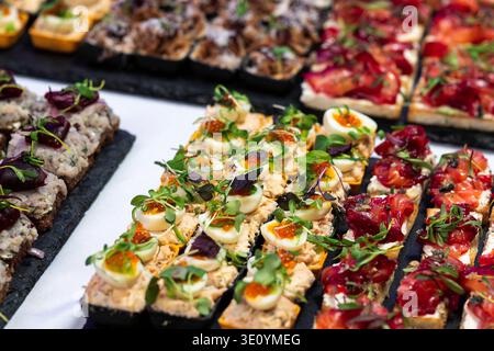 Assortiment de canapés gastronomiques avec mousse de poisson, œufs de caille, œufs de saumon servis sur un plateau de restauration. Sélection élégante de mets raffinés. Banque D'Images