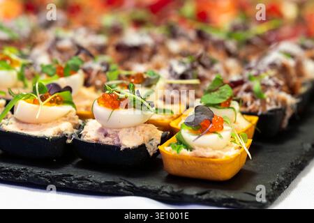 Canapés gourmands avec mousse de poisson, œufs de caille, œufs de saumon et micro-légumes servis sur un plateau de restauration. Assortiment élégant de hors-d'œuvre gastronomique. Banque D'Images