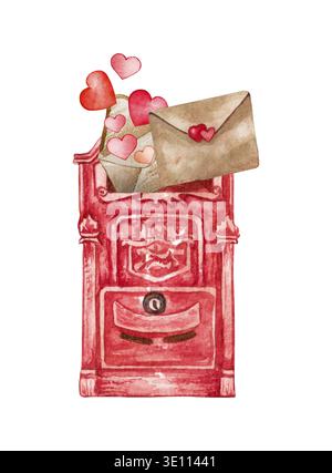 Boîte aux lettres vintage aquarelle avec lettres coeurs et amour.Illustration de la Saint-Valentin.Concept d'amour Banque D'Images