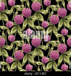 Motif sans couture de trèfle rose aquarelle. Illustration botanique dessinée à la main de fleurs sauvages et de feuilles sur fond noir. Champ de miradors de miel Banque D'Images