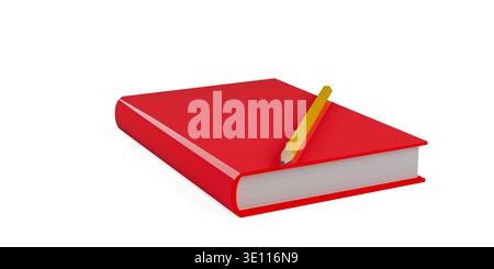 Livre rouge avec crayon jaune sur le dessus sur fond blanc, concept d'éducation ou d'étude ou modèle de fond, illustration 3D. Banque D'Images