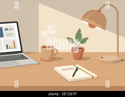 Une illustration POV confortable en gros plan d'un poste de travail dans une palette de couleurs beige chaud et brun terreux. Doté d'un ordinateur portable, une tasse de café vapeur sur un co Illustration de Vecteur
