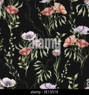Motif floral sans couture avec des fleurs sauvages et des herbes. Aquarelle illustration florissante fond de prairie. fleur de coquelicot rouge Banque D'Images