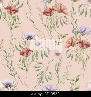 Motif floral sans couture avec des fleurs sauvages et des herbes. Aquarelle illustration florissante fond de prairie. fleur de coquelicot rouge Banque D'Images
