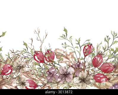 Bordure sans couture de forêt. Illustration aquarelle. Feuilles séchées dessinées à la main, champignons, baies et herbe sauvage, fond boisé Banque D'Images