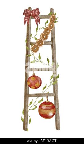 Ensemble aquarelle de décoration confortable. Louche de Noël avec oranges séchées et décorats d'arbres. Pour la décoration saisonnière, autocollants, cartes de vœux, mariage Banque D'Images