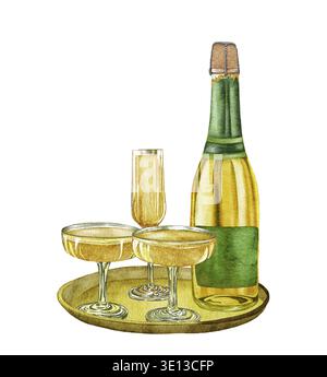 Bouteille de champagne aquarelle et verres. Vin mousseux blanc, illustration de boisson alcoolisée sur fond blanc Banque D'Images