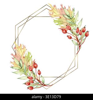 Cadre aquarelle décoré de magnifiques feuilles d'automne. Arrière-plan de chute avec des vies de couleur et des baies. Saison octobre Banque D'Images