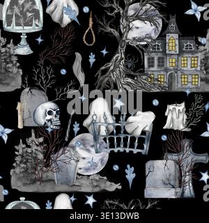 Aquarelle felloween motif sans couture. Cimetière. Parfait pour les cartes ou les affiches, le design d'halloween, la recette ou le menu. Vacances Banque D'Images