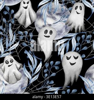 Motif d'Halloween aquarelle sans coutures avec fantôme, lune, boo Banque D'Images