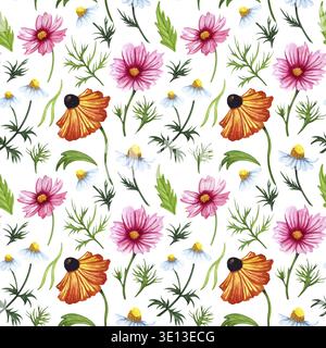 Illustration de fleurs sauvages aquarelle. Motif sans couture dessiné à la main avec des fleurs de cosmos et de camomille Banque D'Images