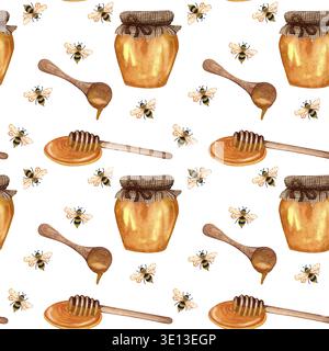Aquarelle miel motif sans couture avec abeille et miel. Fond de repeten dessiné à la main Banque D'Images
