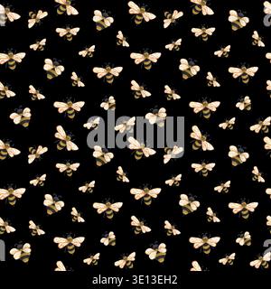 Motif sans couture de miel d'aquarelle avec abeille. Fond de repeten dessiné à la main avec des abeilles sur le noir Banque D'Images