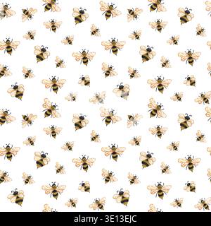 Motif sans couture de miel d'aquarelle avec abeille. Fond de repeten dessiné à la main avec des abeilles mellifères sur blanc Banque D'Images