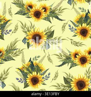 Modèle sans couture avec tournesols. Collection éléments de design floral décoratif. Fleurs, bourgeons et feuilles dessinées à la main à l'aquarelle Banque D'Images