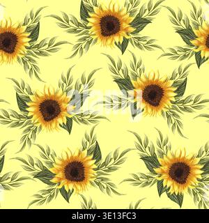 Modèle sans couture avec tournesols. Collection éléments de design floral décoratif. Fleurs, bourgeons et feuilles dessinées à la main à l'aquarelle Banque D'Images