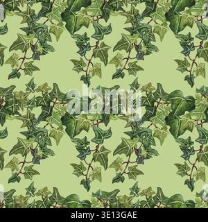 Illustration de lierre botanique sans couture à l'aquarelle. Motif Botanical sans couture de lierre twig. Feuilles de lierre vert peintes à la main, fond vert Banque D'Images