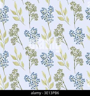 Motif sans couture floral aquarelle avec des fleurs et des feuilles. Brindilles séchées illustration dessinée à la main Banque D'Images