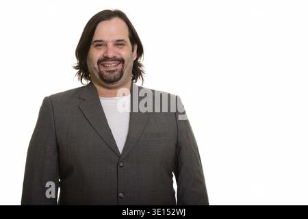 Heureux gros homme d'affaires caucasien souriant isolé sur fond blanc Banque D'Images