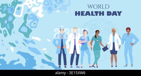 Journée mondiale de la santé 7 avril. Groupe de médecins et d'infirmières sur fond bleu abstrait. Illustration de Vecteur