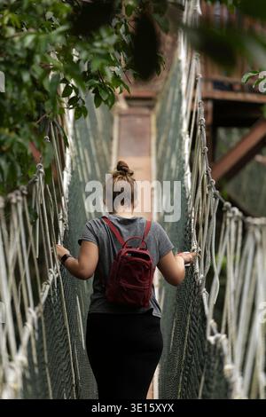 Femme marche prudemment à travers un pont de corde étroit. Ses mains saisissent les cordes pour l'équilibre et la sécurité. Elle porte un sac à dos et se fait attacher les cheveux. GR Banque D'Images
