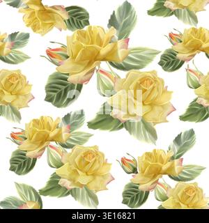 Un motif aquarelle sans couture avec des roses jaunes, des feuilles vertes luxuriantes et des bords roses, parfait pour les arrangements floraux et la décoration. Banque D'Images