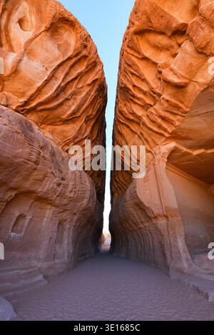 L'entrée spectaculaire du Siq, un passage naturel de canyon entre les falaises de grès de l'ancien sanctuaire nabatéen de Jabal Ithlib à Hegra, Al Banque D'Images