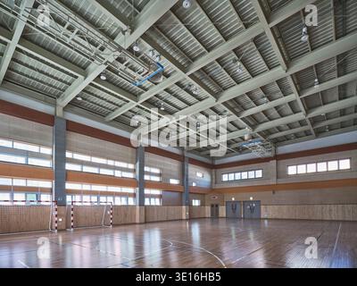 Grand gymnase intérieur avec plancher de bois poli et fermes exposées. Banque D'Images